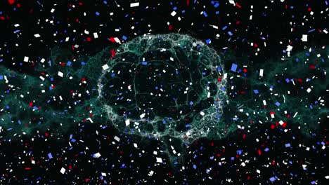 animation of blue red and white confetti over digital human brain on black background