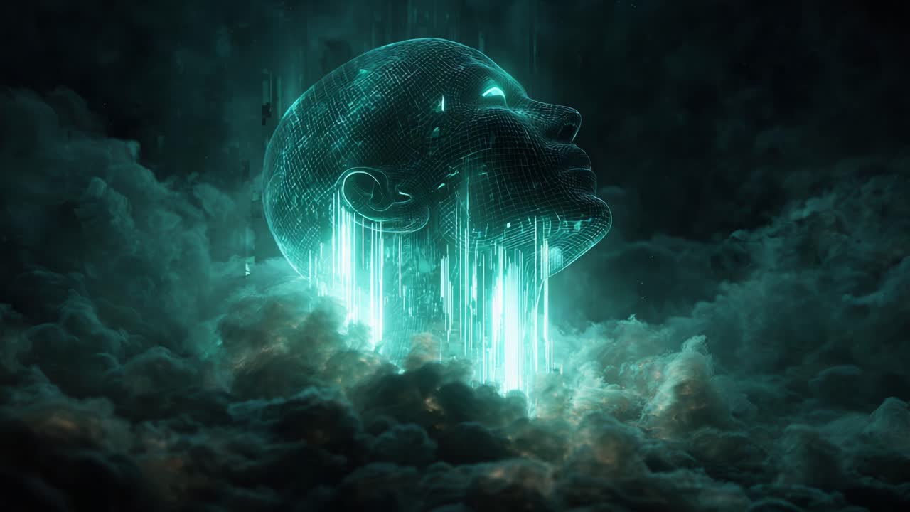 A mesmerizing, futuristic depiction of a digital human head emerging from a swirling cloud of dark mist, with glowing streams of data and light cascading downward, symbolizing the fusion of technology and humanity