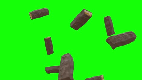 chocolate bars falling on 4k green screen with alpha matte