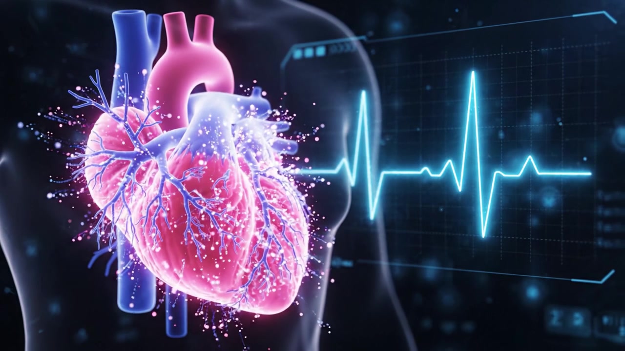Impresionante visualización 3D de un corazón humano con sistema vascular y salida de electrocardiograma en tiempo real mostrando signos vitales en el contexto de la tecnología médica.