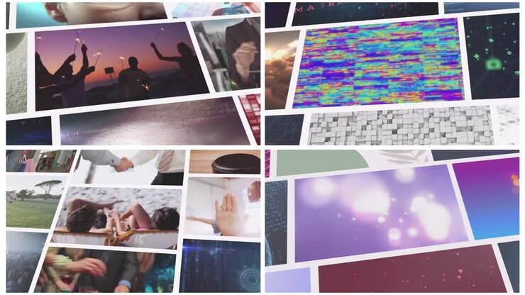 Composite animation of multiple scrolling business, leisure and technology screens