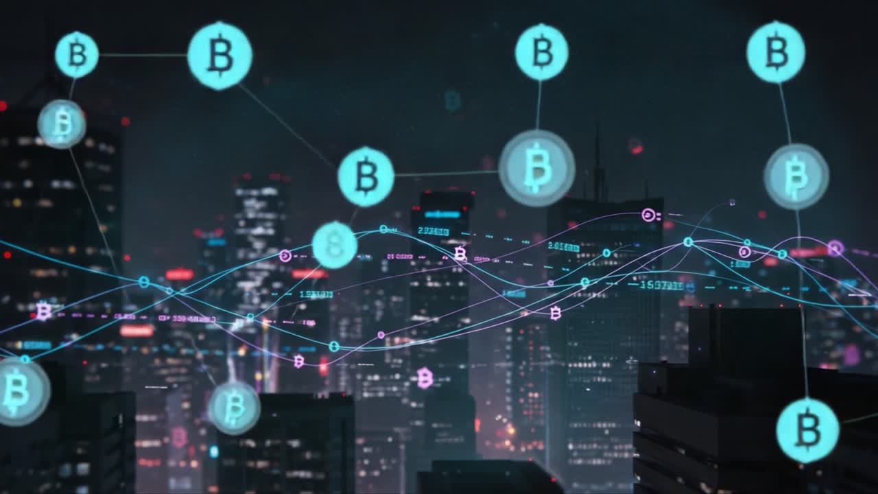 Visualizzazione Dinamica delle Tendenze delle Criptovalute con Simboli Bitcoin su un Paesaggio Notturno Metropolitano che Evidenzia l'Attività Finanziaria