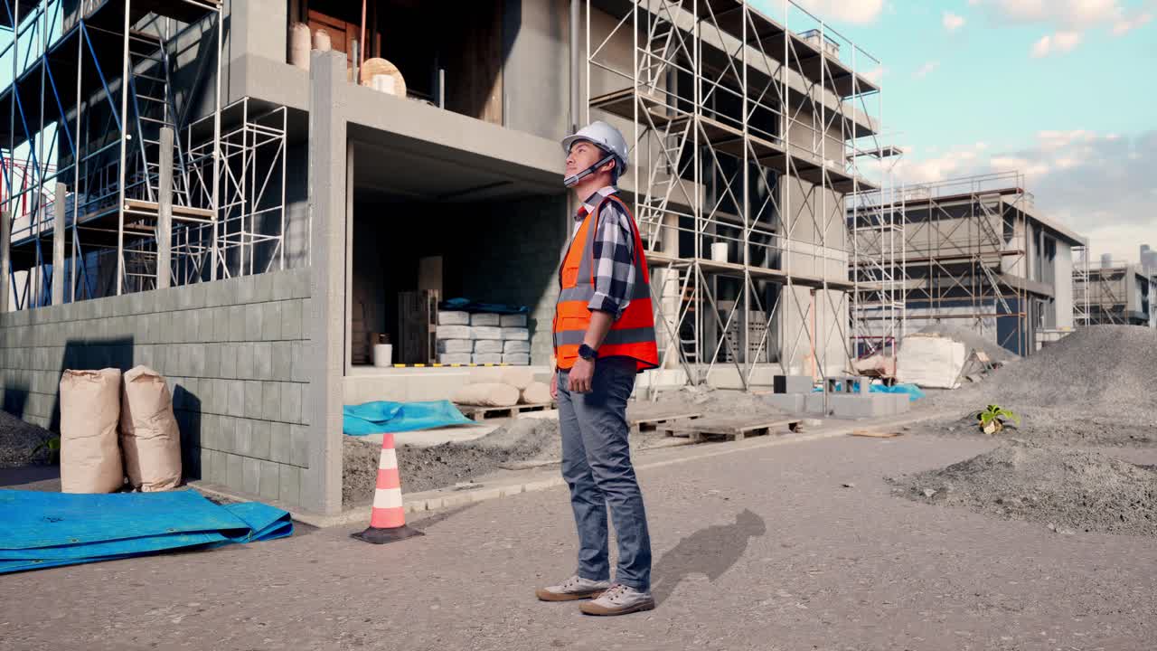 Full Body Side View Of Asian Male Engineer With Safety Helmet Looking Around While Standing At Building & Construction Site in Progress to New House