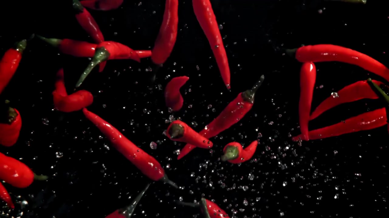 Røde chilifrukter som faller og spruter i sakte film på svart bakgrunn