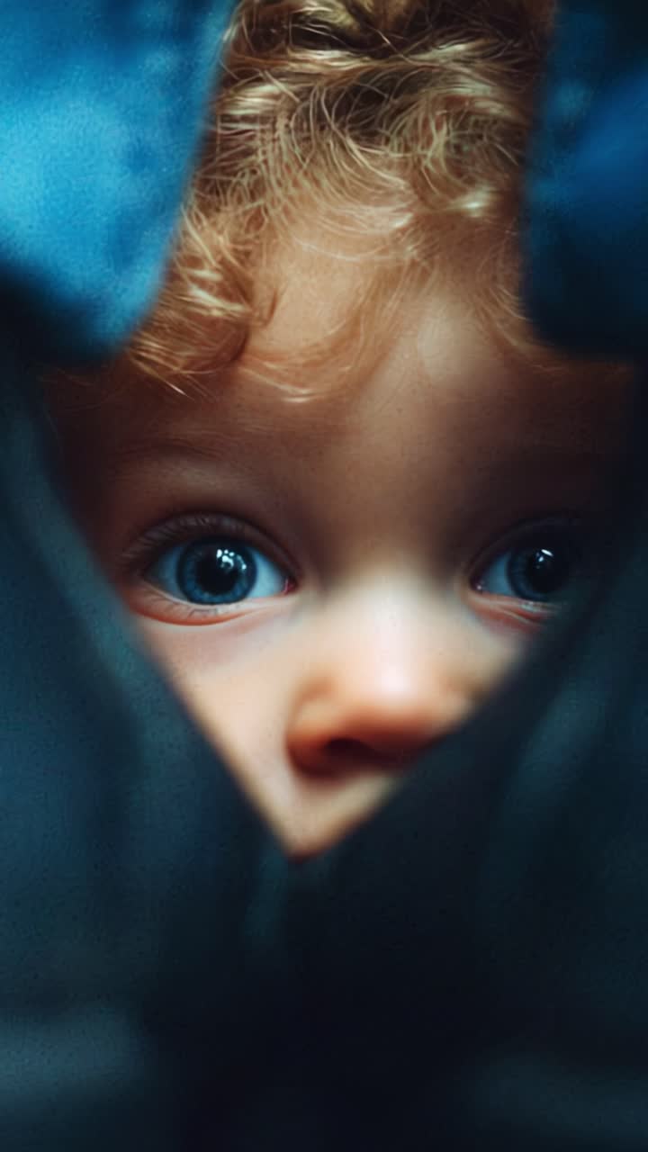 Un enfant curieux regarde à travers un espace : une expression émotive capturée en gros plan, mettant en valeur de grands yeux et des boucles douces encadrées par un environnement sombre