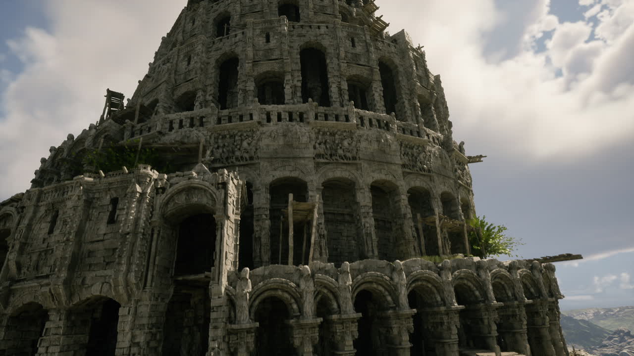 Rilievo architettonico di una storica struttura in pietra scolpita con ponteggi.