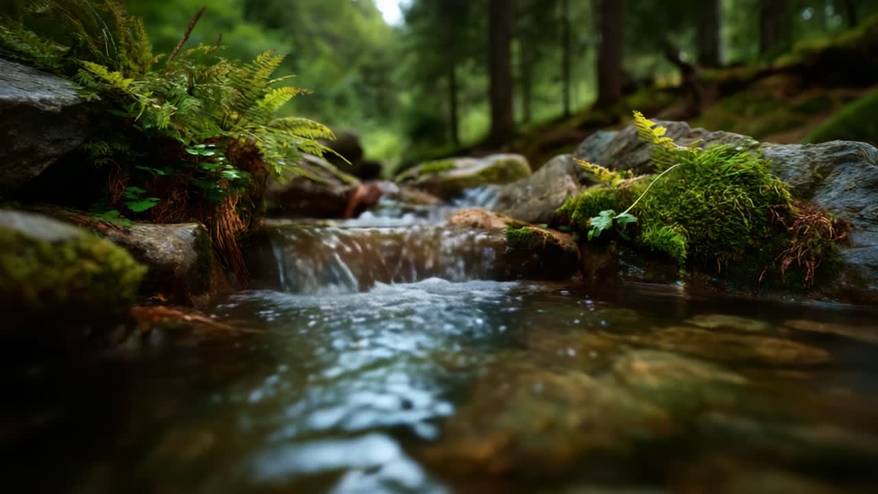 Fredfyldt strøm, der snor sig gennem frodig, grøn skov omgivet af levende flora og roligt vand i et fredfyldt, naturligt miljø