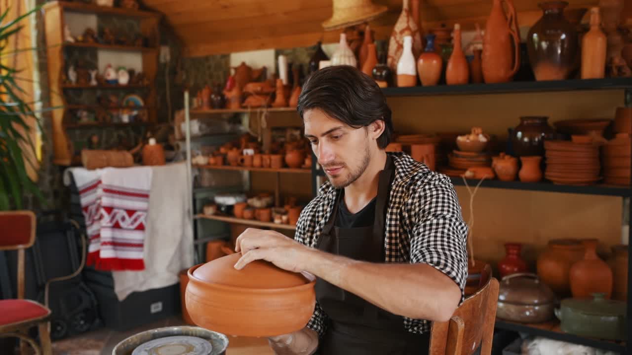 Ceramista olha para seu produto de argila artesanal finalizado