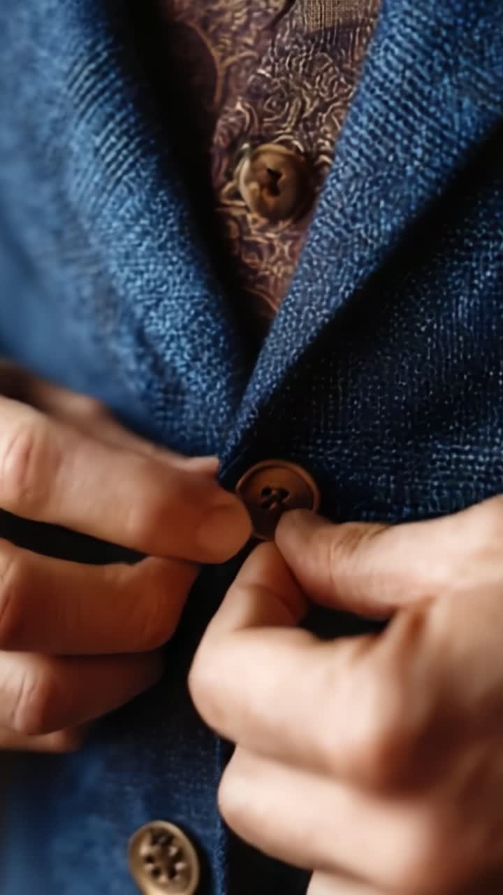 Tangan Elegan Menyesuaikan Kancing pada Jaket Jas Biru Bergaya dengan Kemeja Dalam Bertekstur Kaya untuk Tampilan yang Berkelas