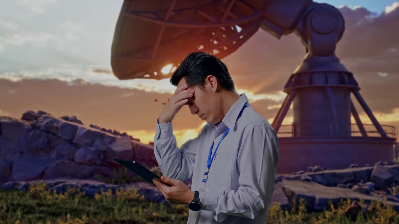 Side View Of An Asian Male Professional Worker Standing With His Tablet With Large Satellite Dish, Checking With Dissapionted And Nodding His Head