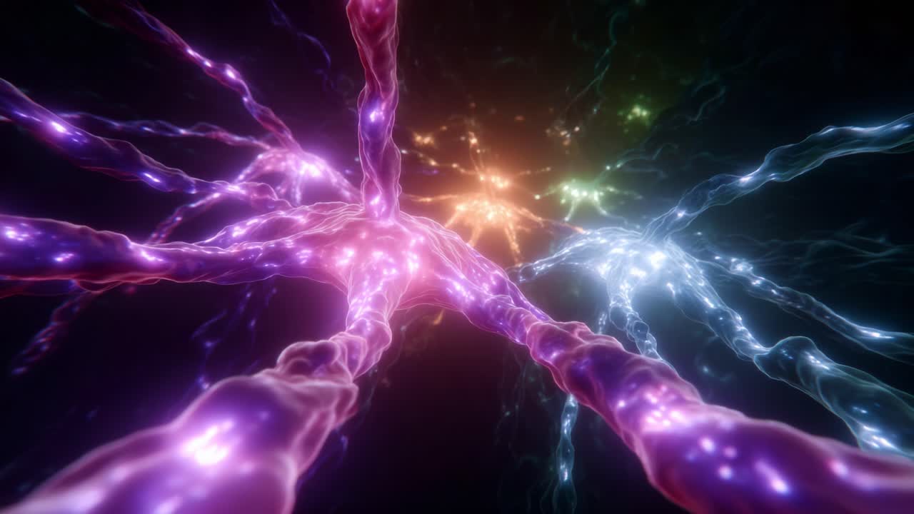 Captivating Visual of Neurons Interconnecting with Pulsating Light in a Vibrant Multicolored Neural Network, Illustrating the Wonders of Neurobiology and Connectivity