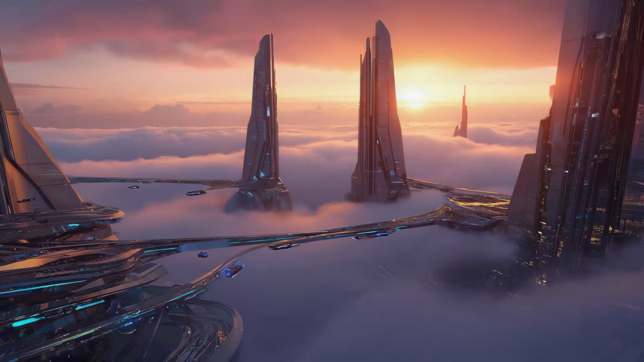 Futuristic City in the Clouds at Sunset