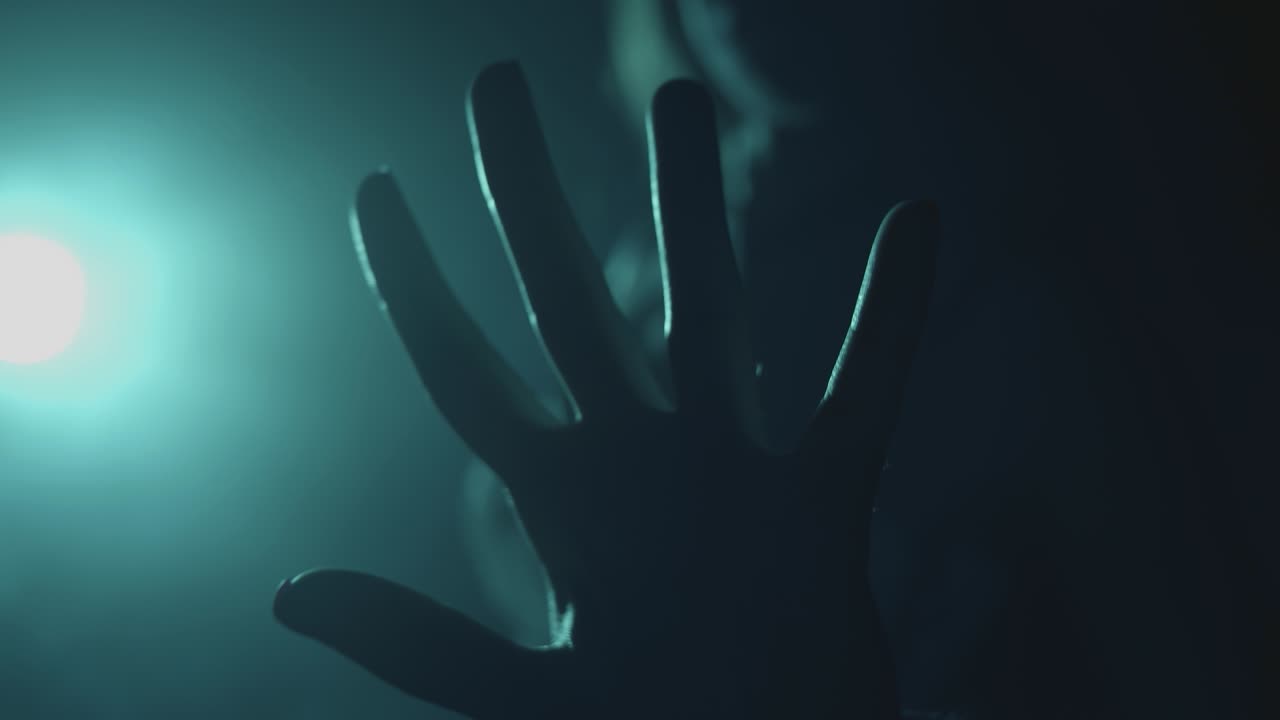 hand in silhouette of girl pointing to camera