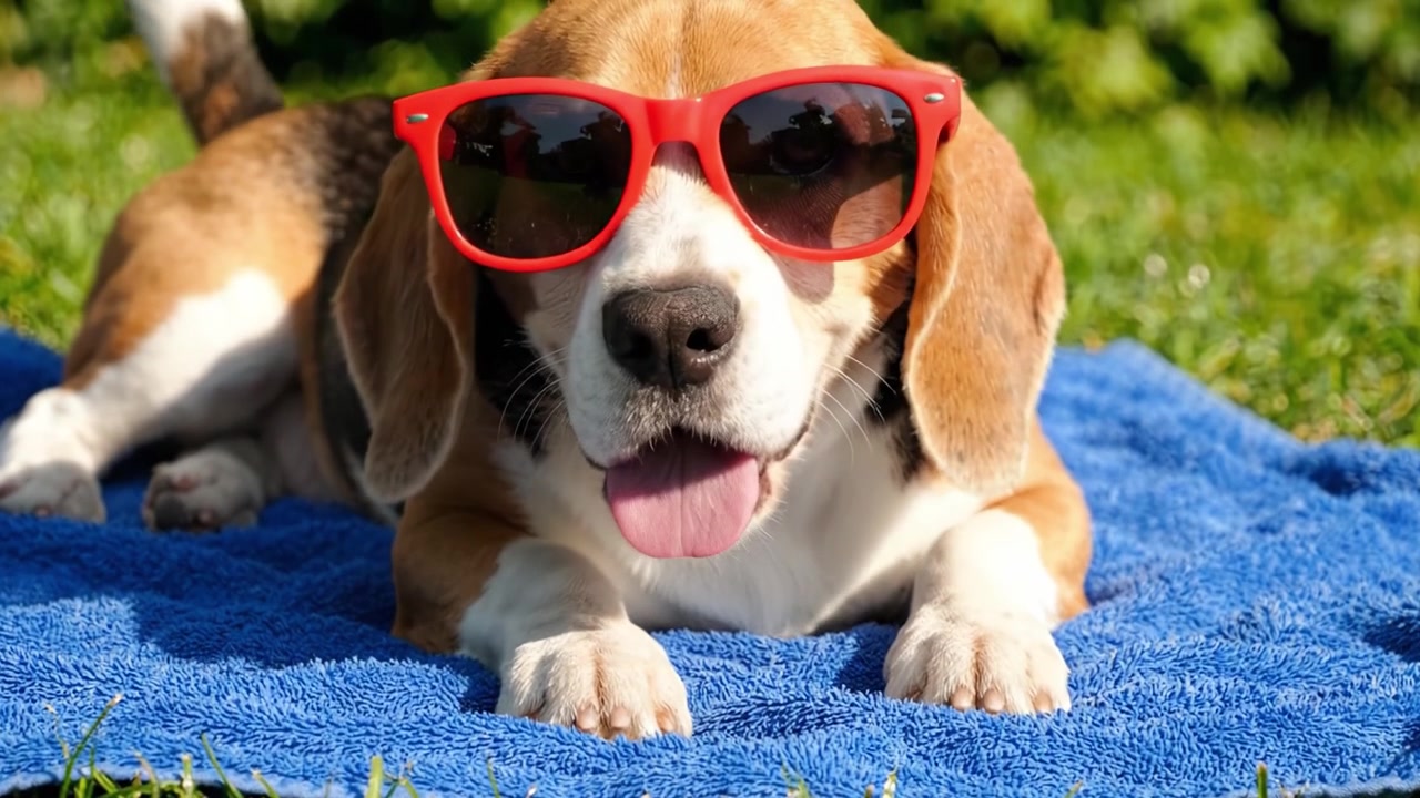Un elegante Beagle si gode una giornata di sole all'aperto, rilassandosi su un asciugamano blu mentre indossa occhiali da sole rossi alla moda in un lussureggiante ambiente verde