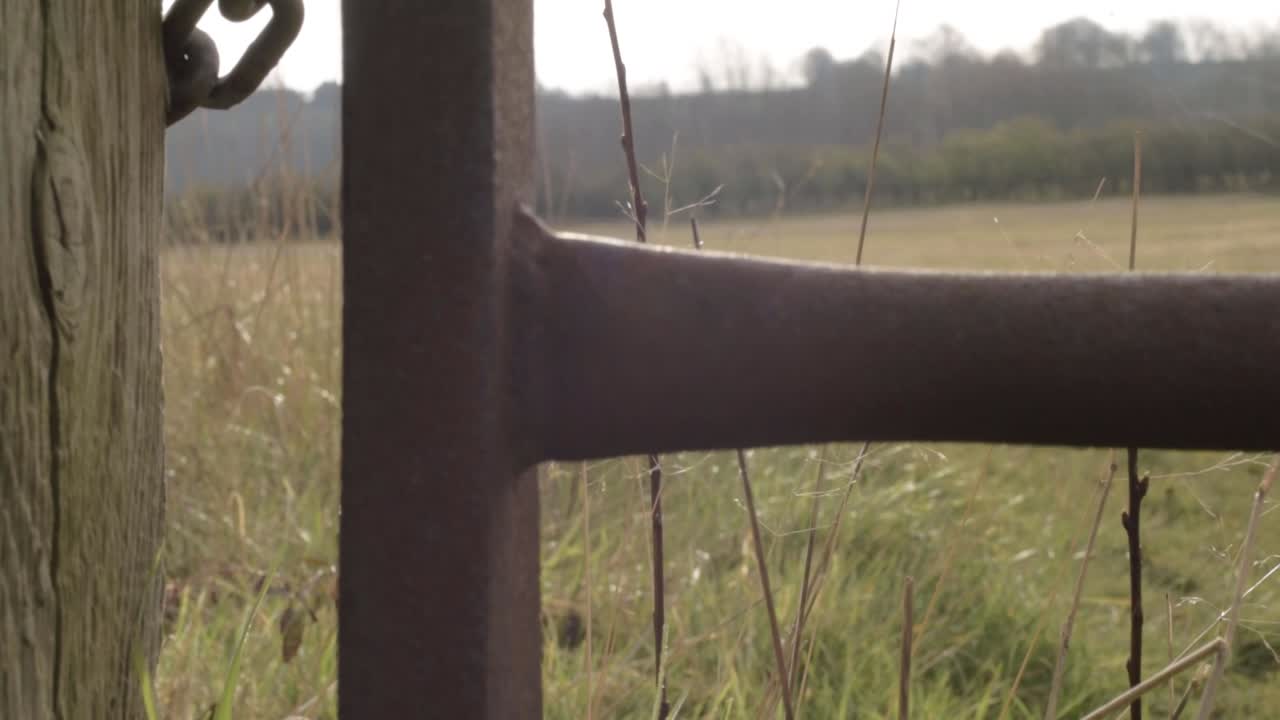 Landscape of farmers field through rusty old metal gate close up shot