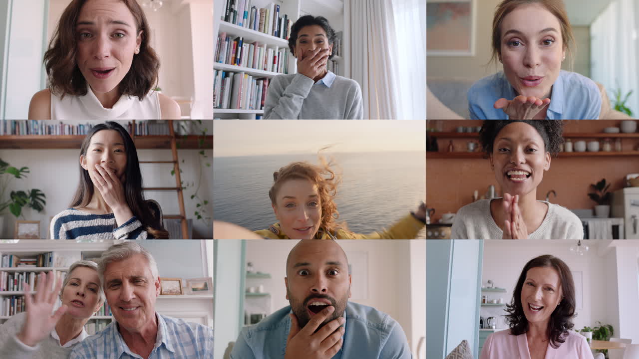 mujer de viaje hablando en video saludando a amigos y familiares en grupo hablando en video compartiendo vacaciones