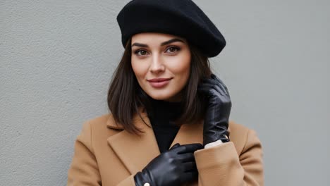 chic urban beauty: a stylish woman in a classic beret and elegant gloves, exuding confidence against a subtle gray backdrop