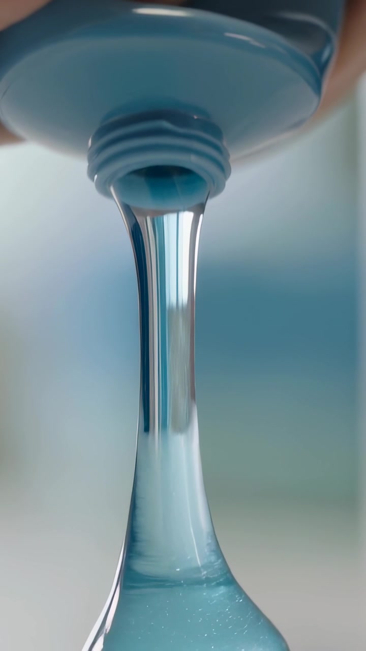 Vidéo verticale : Doigts pressant l'embout d'une bouteille bleue à l'intérieur, distribuant du gel bleu.