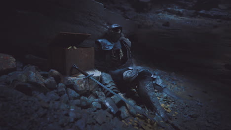 dead knight rests against cave wall near chest of treasures in shadowed light