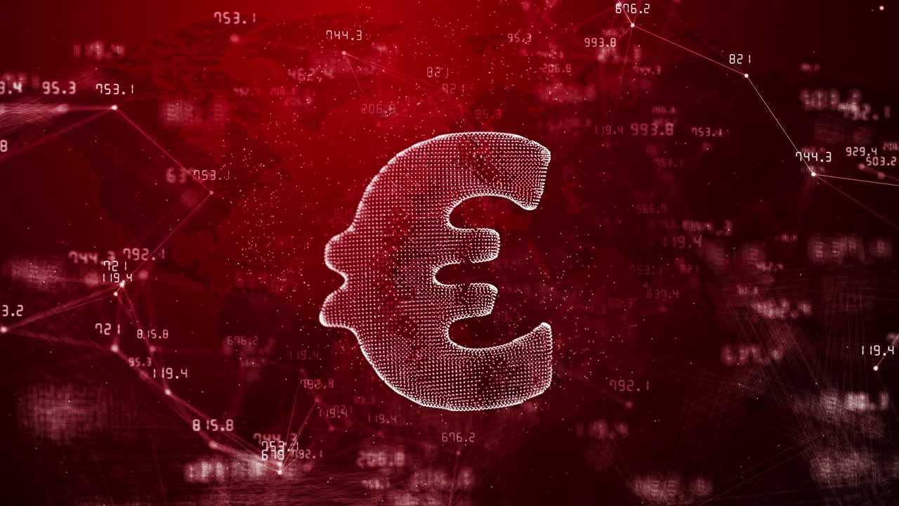 Euro currency sign on red background with changing financial indicators. Lines and dots with moving numbers. Abstract looped animation.