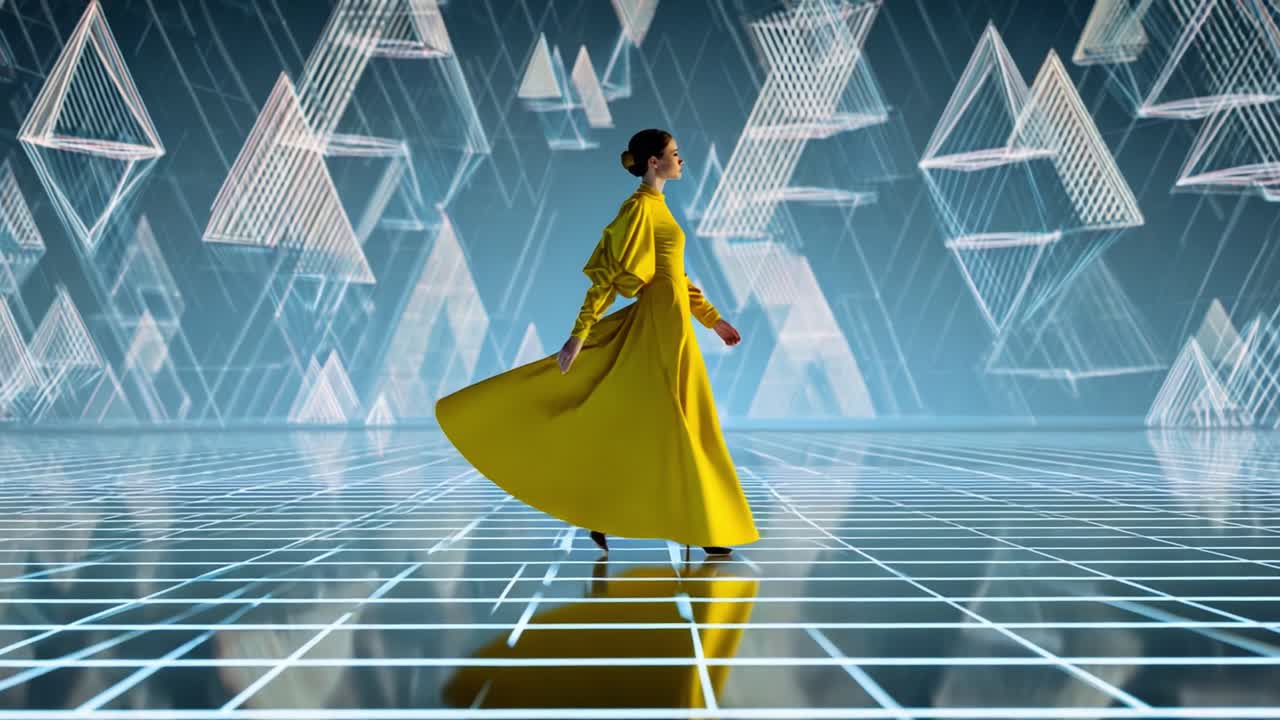 A mesmerizing fashion moment unfolds as a figure in a stunning yellow gown gracefully walks across a futuristic, grid-like floor, surrounded by dynamic geometric shapes that evoke a sense of modern artistry