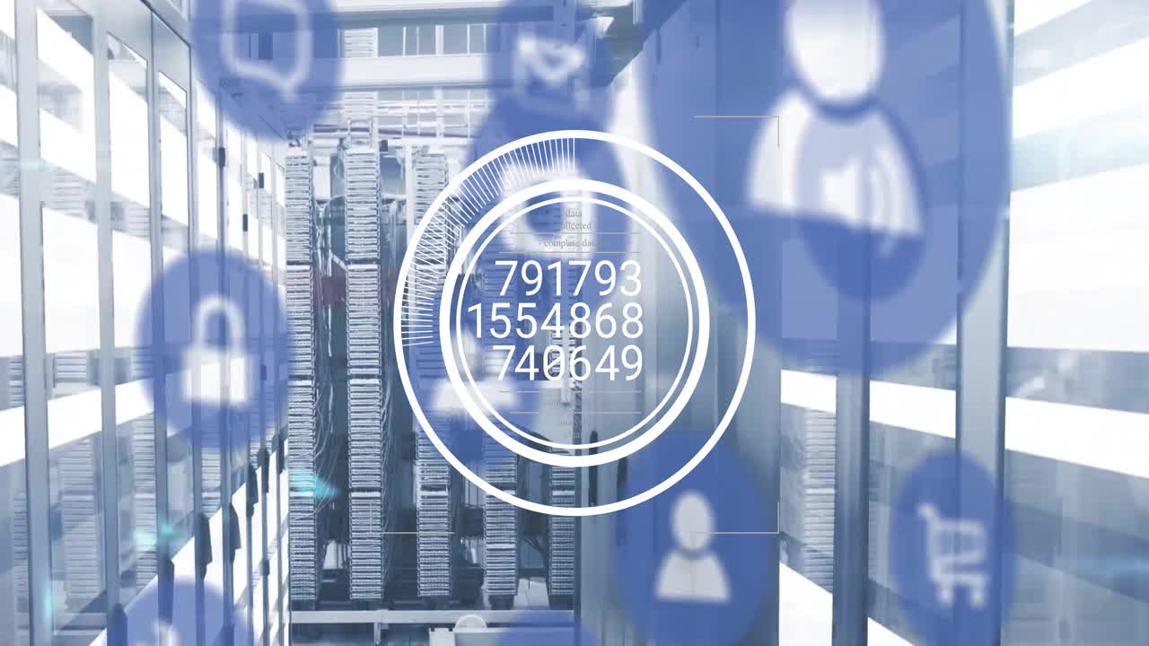 animación del procesamiento de datos y los iconos de los medios en la sala del servidor