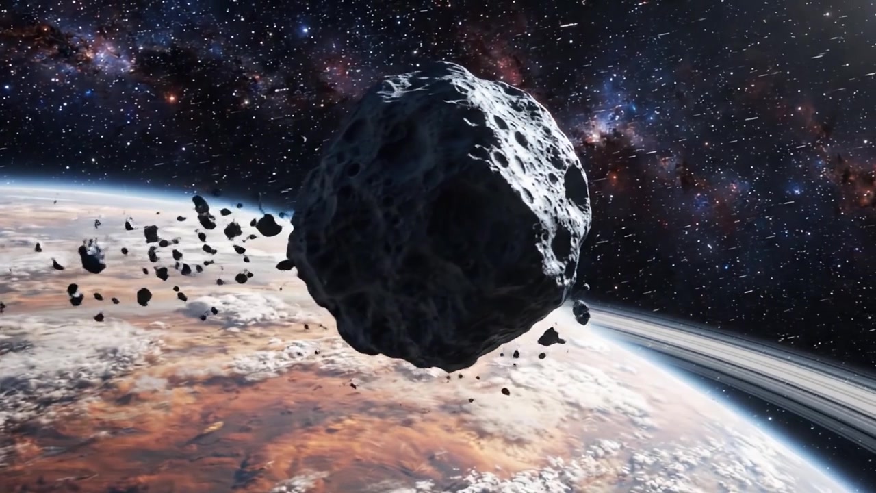 Un viaggio nello spazio: una vista spettacolare di una fascia di asteroidi vicino a un pianeta, circondata da straordinarie caratteristiche galattiche e nebulose colorate.
