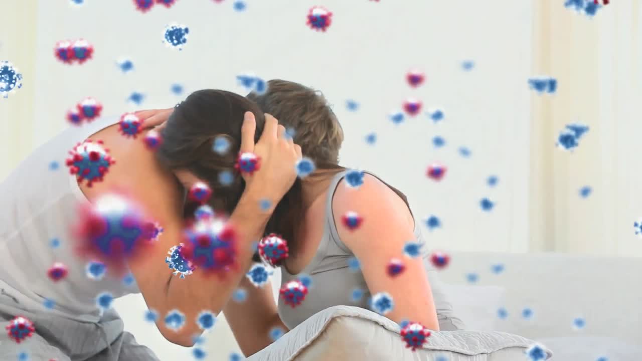 코로나19 세포가  ⁇ 을 맞대고 서로 포옹하는 디지털 복합 비디오