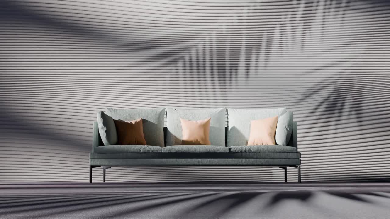 Green sofa with beige and brown pillows in front of white wall with palm leaf shadows. Interior design scene. Summer vacation, wallpaper, banner, background. Front view with copy space