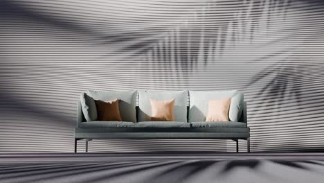 green sofa with beige and brown pillows in front of white wall with palm leaf shadows. interior design scene. summer vacation, wallpaper, banner, background. front view with copy space