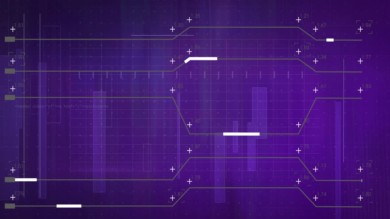 Circuit board design and data flow animation over purple background with grid lines