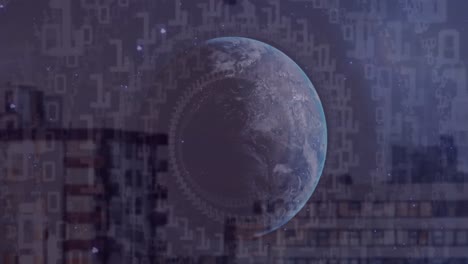 animation of globe and data processing over cityscape