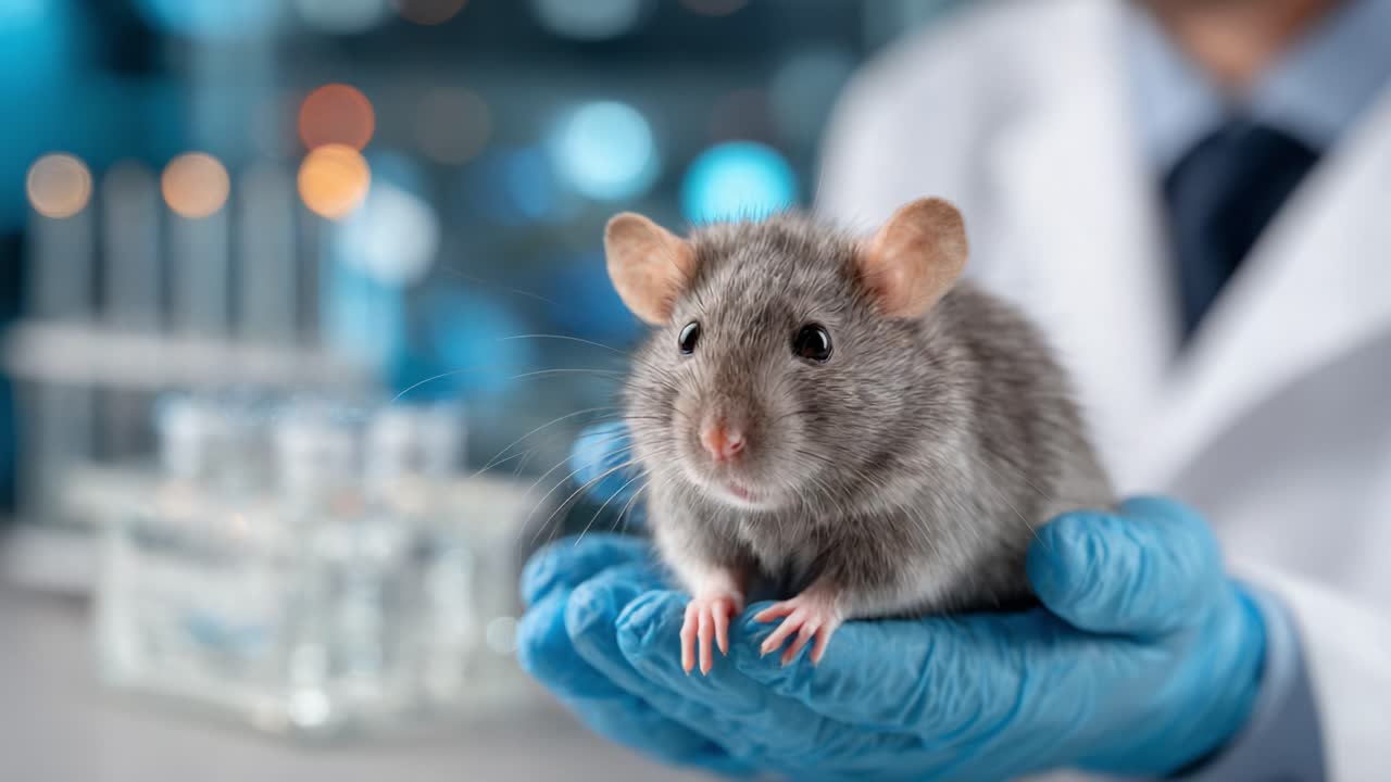 Close-Up of a Laboratory Mouse Held by a Researcher Wearing a White Coat, Showcasing a Modern Scientific Environment with Laboratory Equipment in the Background
