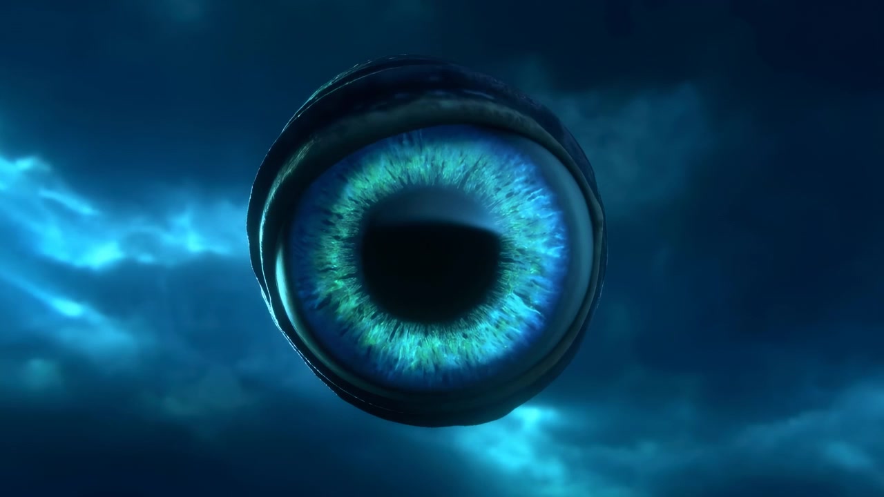 Un solo ojo gigante flota contra profundas nubes de tormenta, mostrando una pupila oscura bien abierta, iris azul verdoso, reflejos brillantes, densas fibras radiales, contraste sombrío y un ambiente cósmico surrealista, con ojo, iris y pupila.