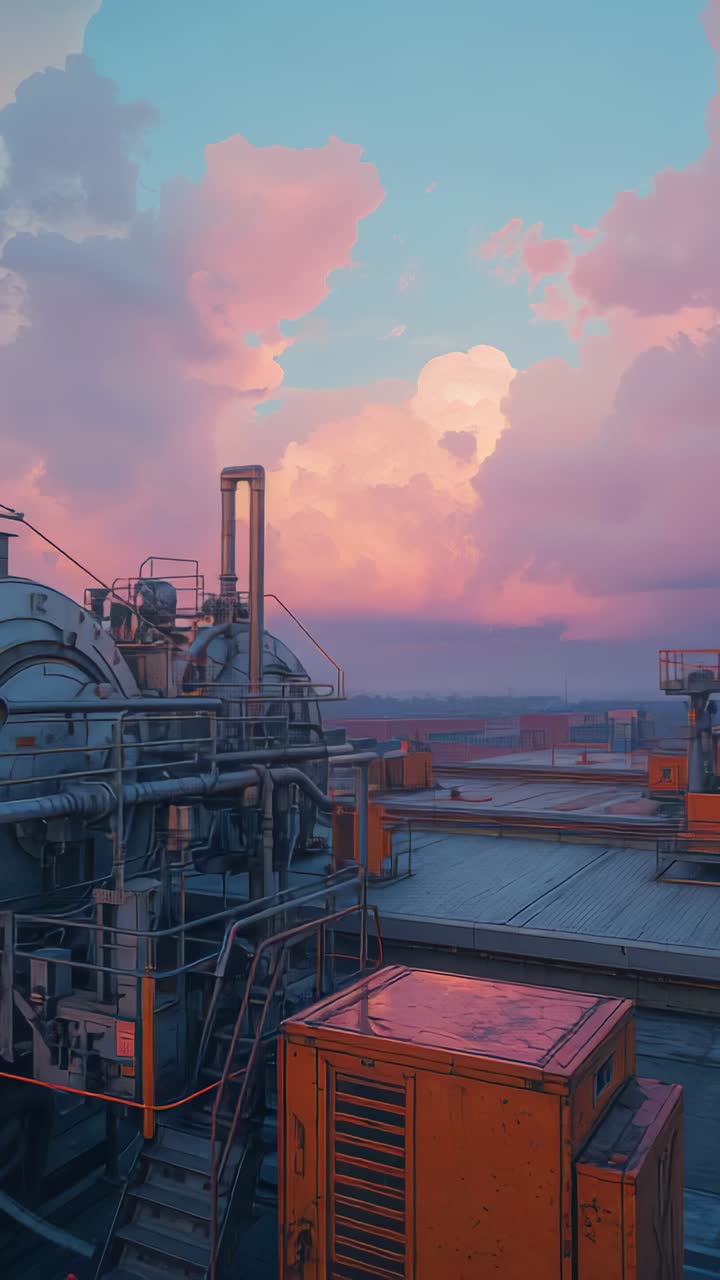 Vertical video: Panning camera showing roof pipes exposing pink clouds at dusk, lighting orange box