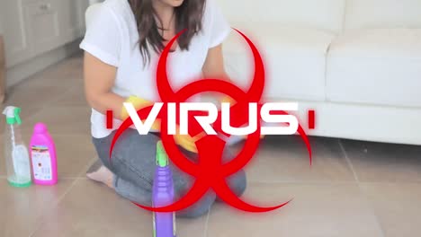 Palabra-Virus-Sobre-Señal-De-Peligro-Para-La-Salud-Y-Mujer-Limpiando-El-Piso-En-El-Fondo.