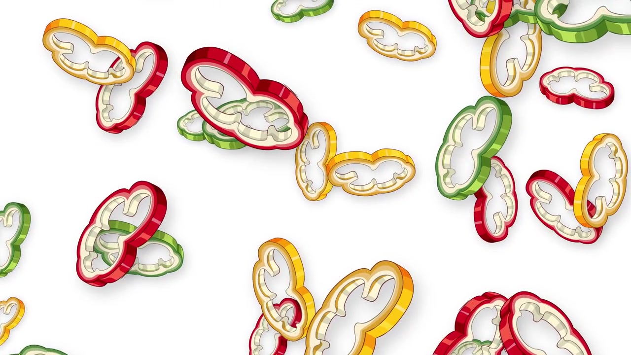 Colorful bell pepper slices fall through the air against a clean white studio background.
