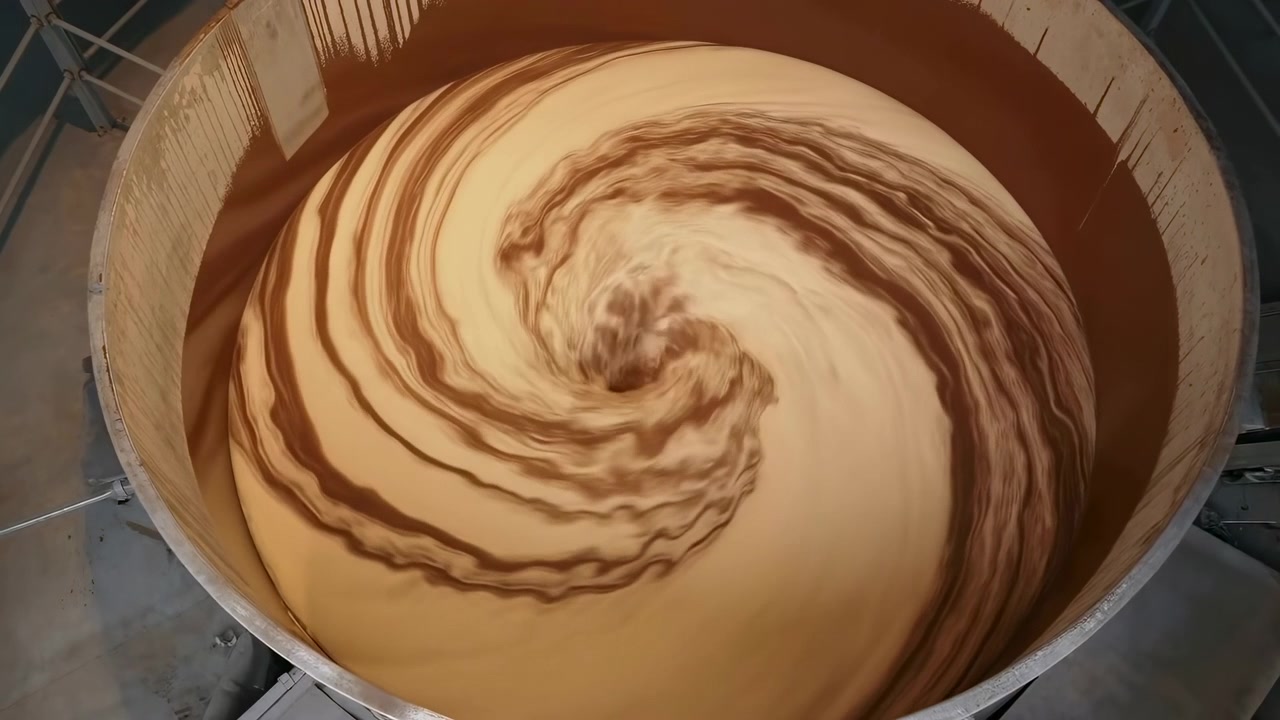 Nærbilde fra høy vinkel av en stor, sirkulær industriell blandetank fylt med blekt beige, tyktflytende materiale, som danner en bred spiralsvirvel med mørkere striper som følger buede stier over metallinteriøret.