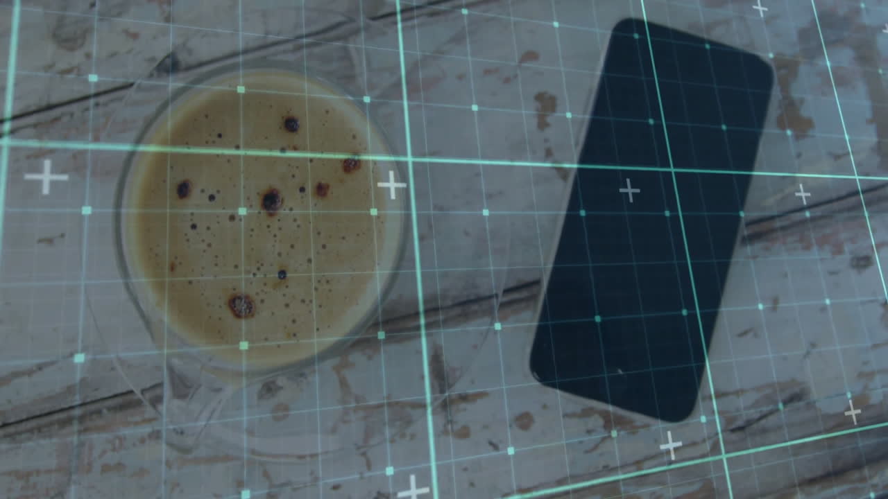 Flat design displaying coffee cup on whitewashed table beside smartphone under cyan grid overlay