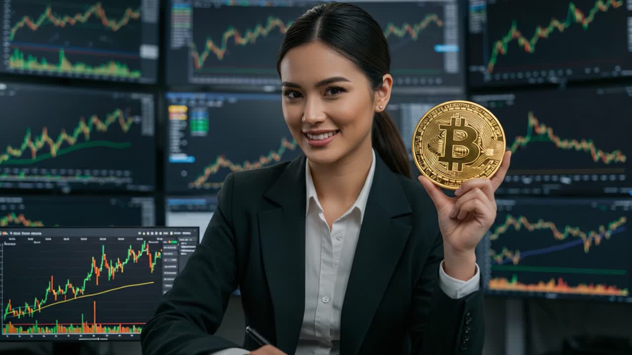 Confident Professional Woman Showcasing Bitcoin Investment Strategy with Financial Charts in Background