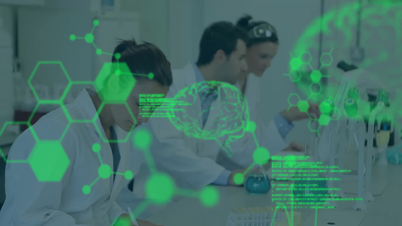 animación del procesamiento de datos científicos sobre diversos científicos en el laboratorio
