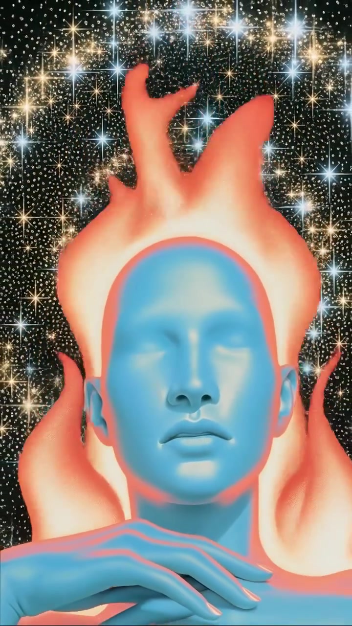 Animazione surreale di una figura umana blu circondata da fiamme