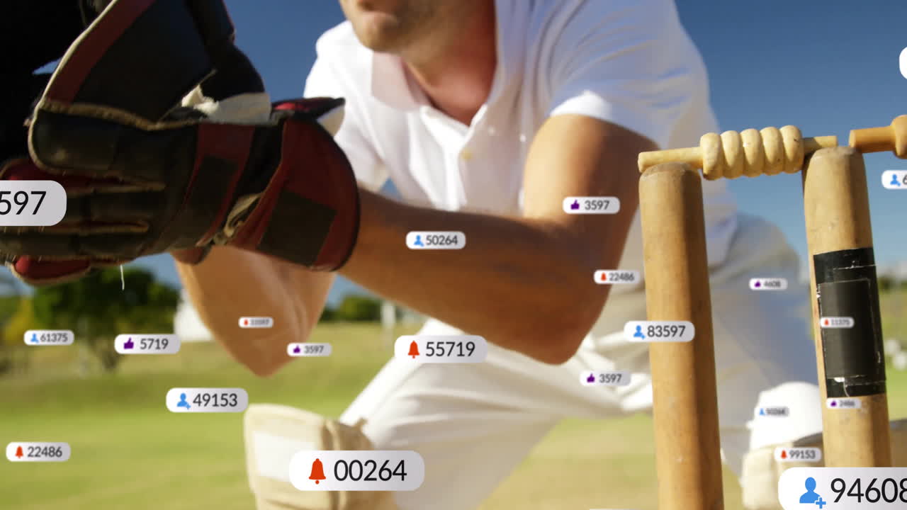 Cricket player in action with social media notifications animation over scene