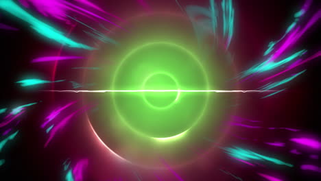 ondas digitales rosas y azules contra rastros de luz en espiral verde en fondo negro