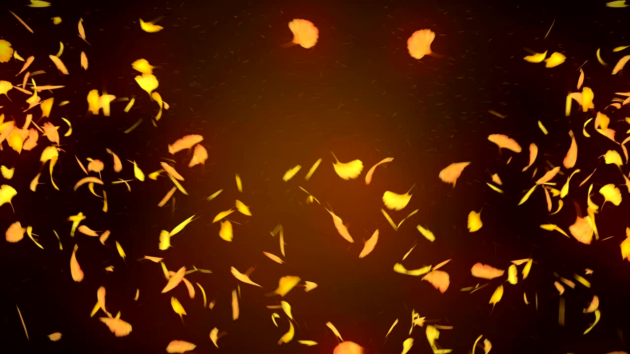 노란색 배경에 떨어지는 가을 잎, 진코 잎, 루프 글리터 애니메이션