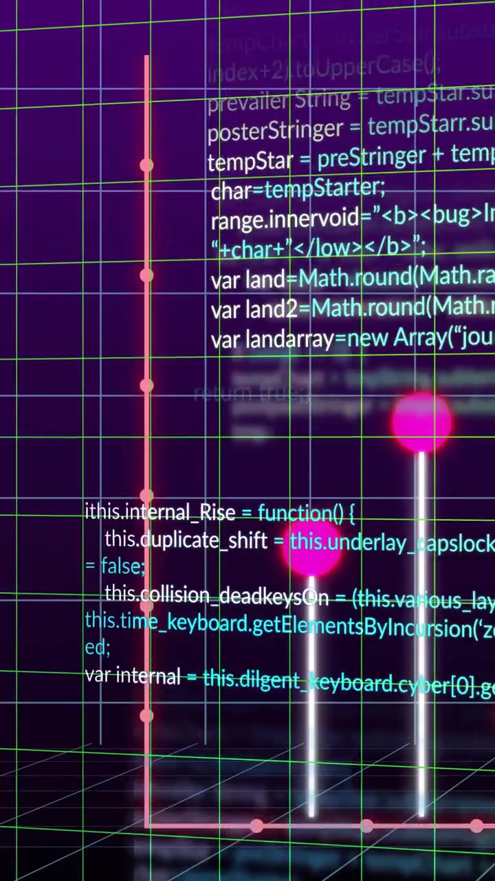Video verticale: Glifi di dati al neon che leggono il codice, barre bianche che salgono e sfere rosa che mostrano metriche tecnologiche.