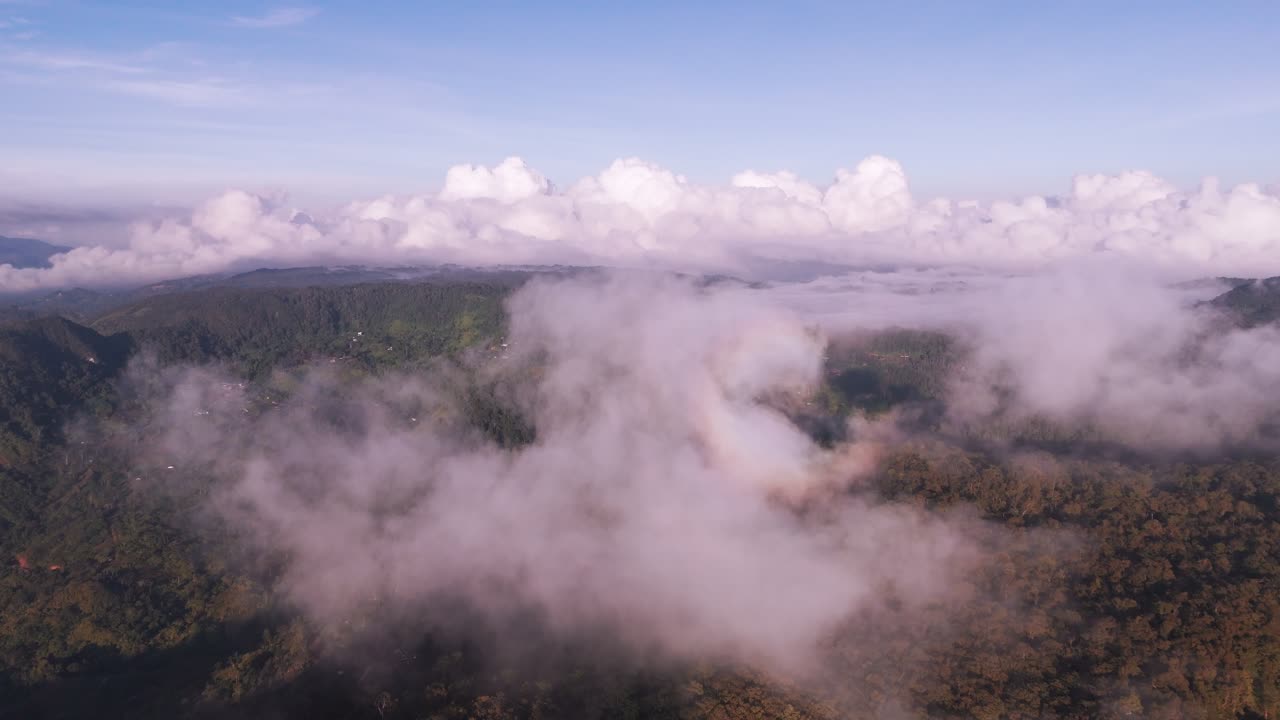 Epic wide aerial shot of a massive layer of cumulus clouds and low fog hovering above a dense, dark tropical forest and hilly terrain. Captured during the beautiful, serene light of sunrise or sunset
