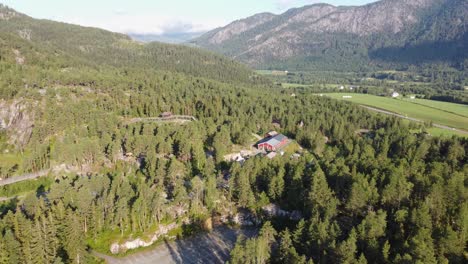 Aerial-overview-of-norwegian-zoo-and-bear-park-Bjorneparken---High-altitude-evening-aerial-showing-park-area-and-entrance---Flaa-Norway