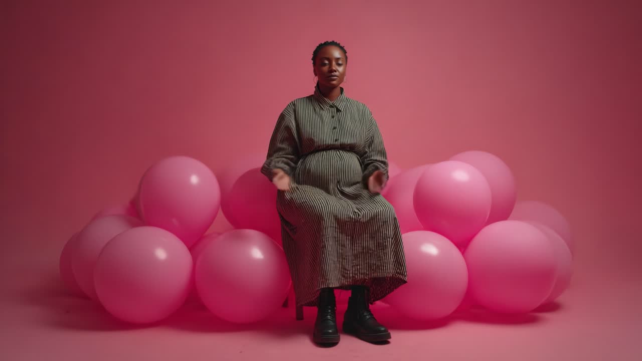 A serene and contemplative moment captured in a vibrant pink setting, showcasing a pregnant individual seated on a cluster of pastel balloons, symbolizing life and anticipation