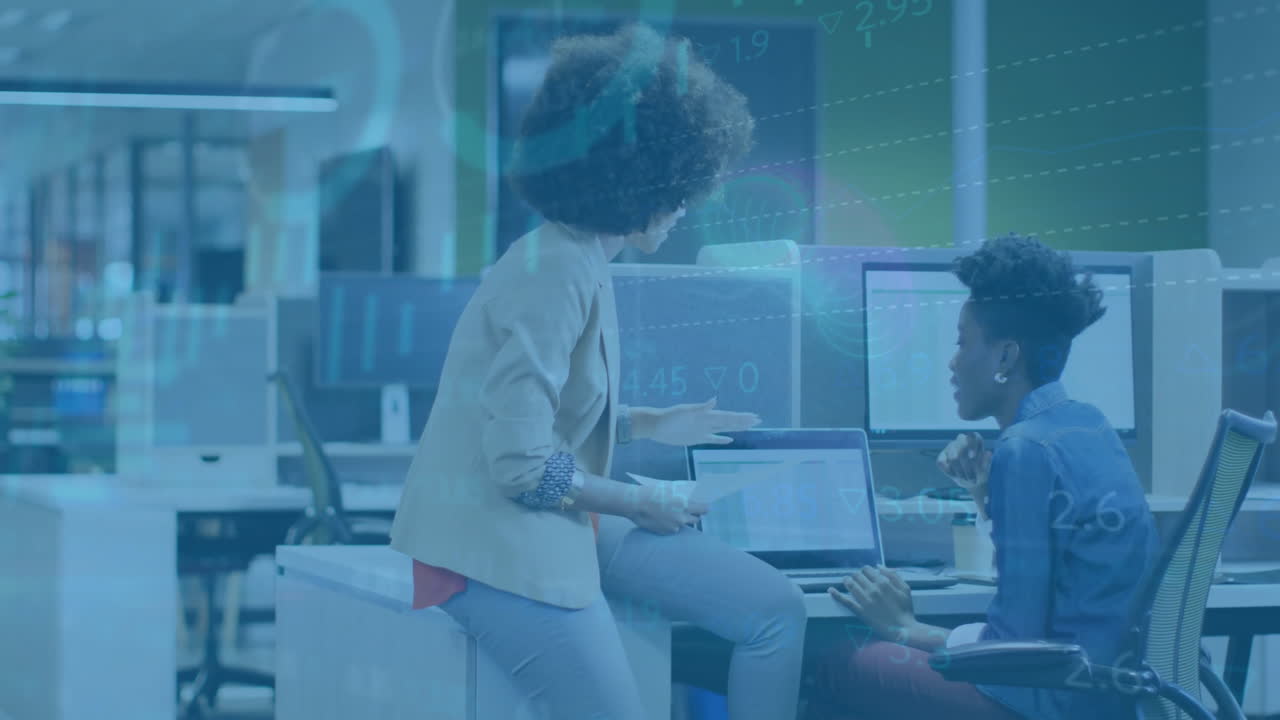 Animation of financial data processing over diverse business people in office